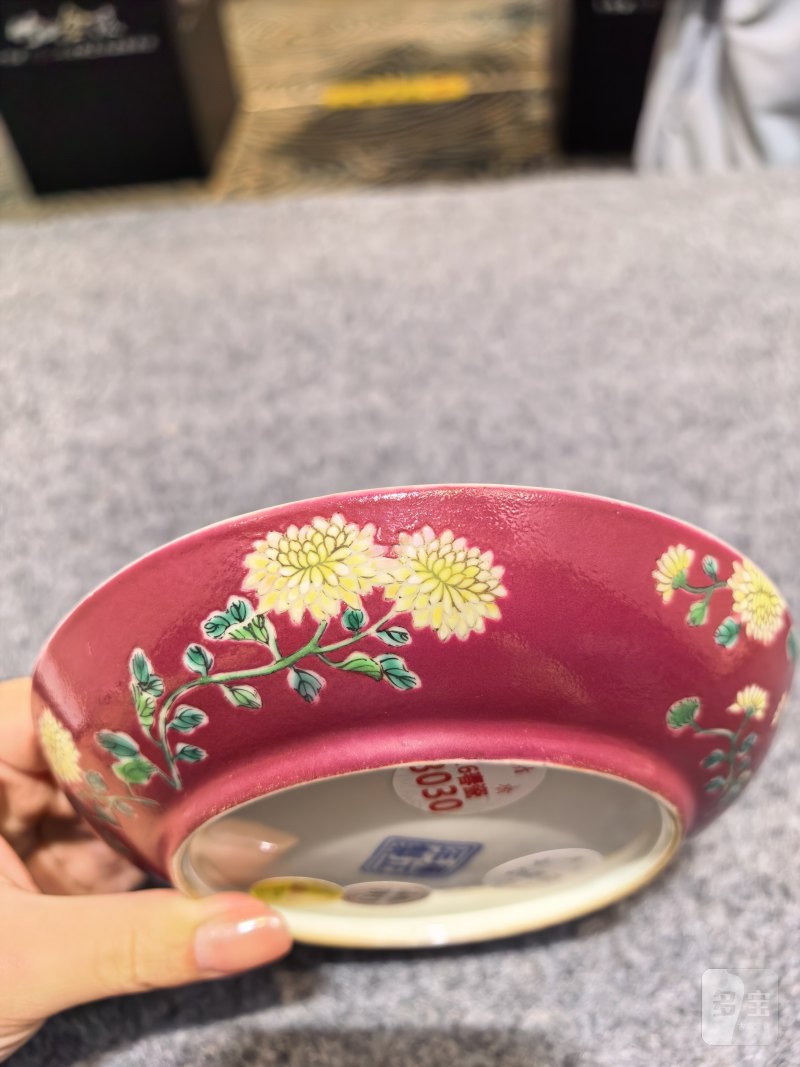 清雍正 胭脂红地珐琅彩菊花纹盘 - 图4